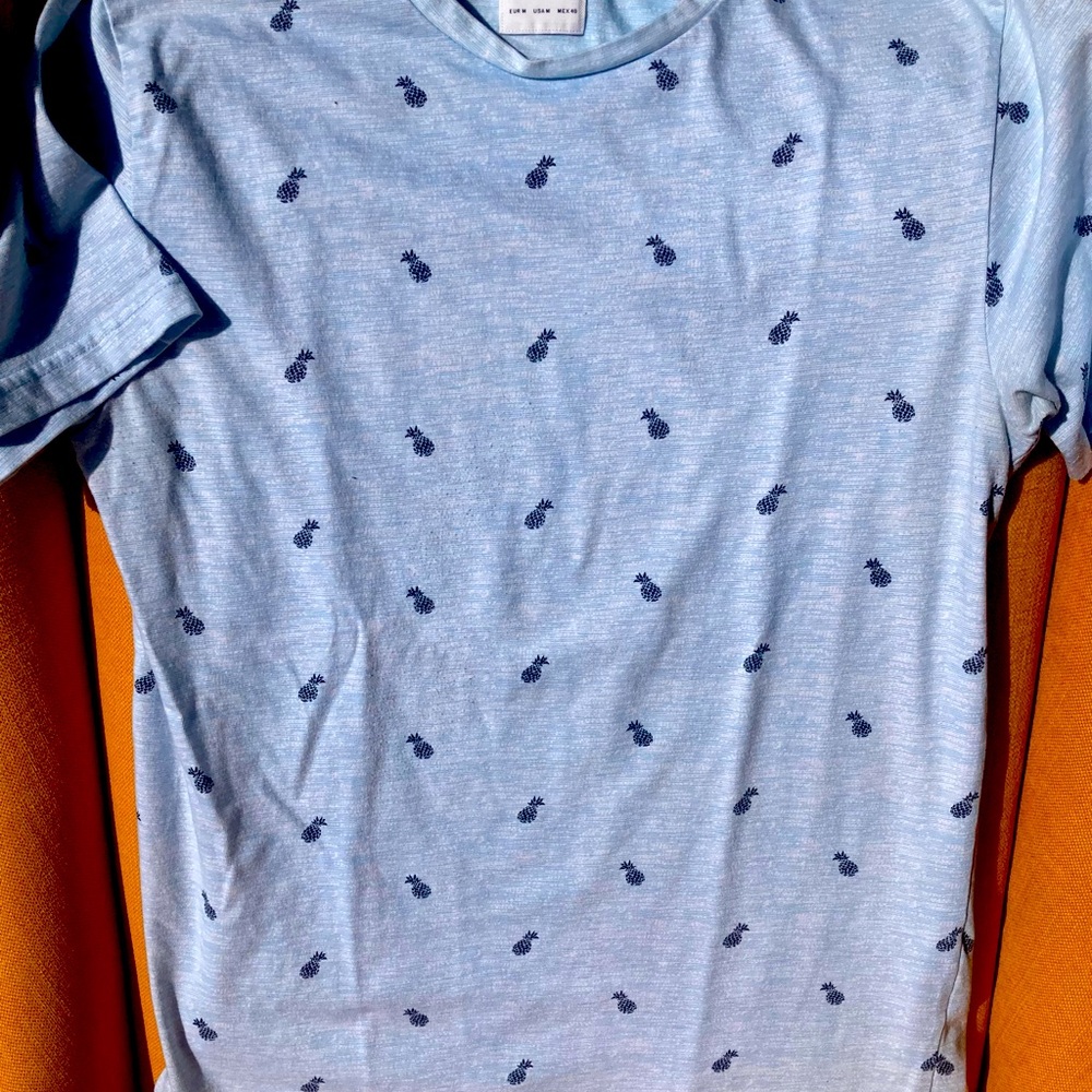 Denim & Flower Ricky Singh Lt Blue Pineapples soft T-shirt sz M medium 60/40